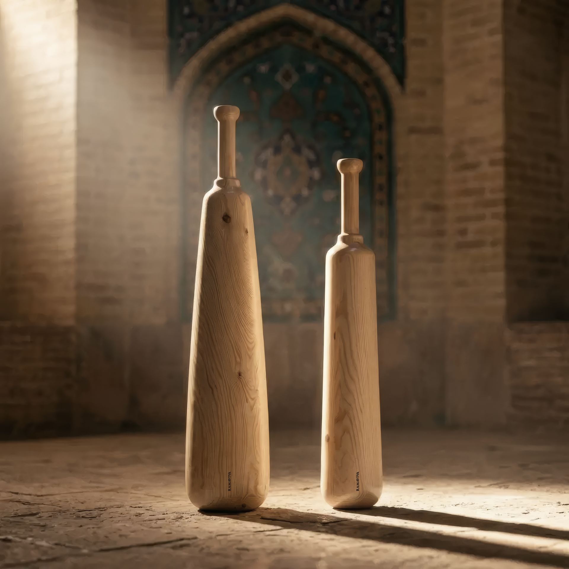 Dos mazas persas de madera clara iluminadas por luz lateral, ante un arco con azulejos tradicionales