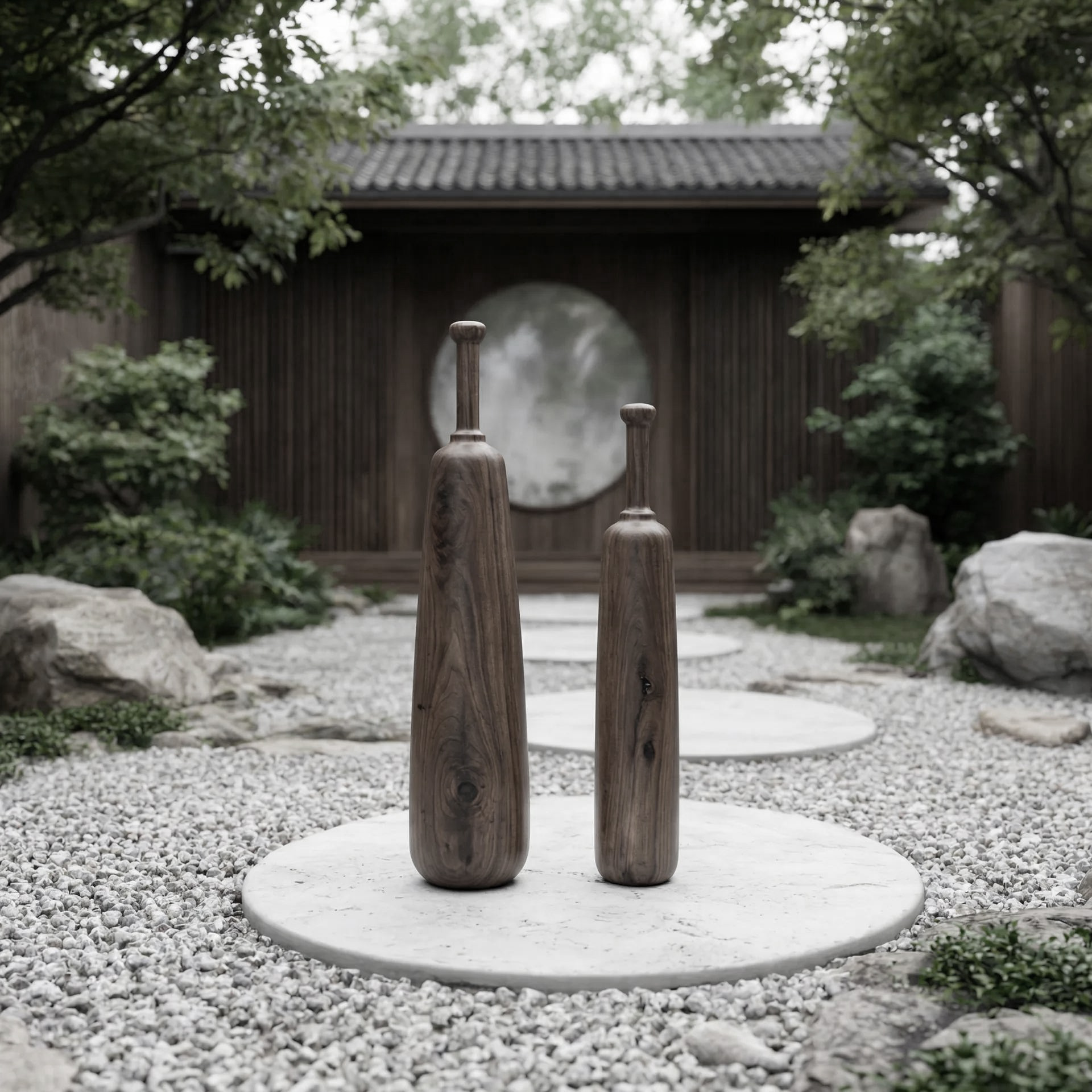 Dos mazas persas de madera de nogal sobre un círculo de piedra en un jardín zen