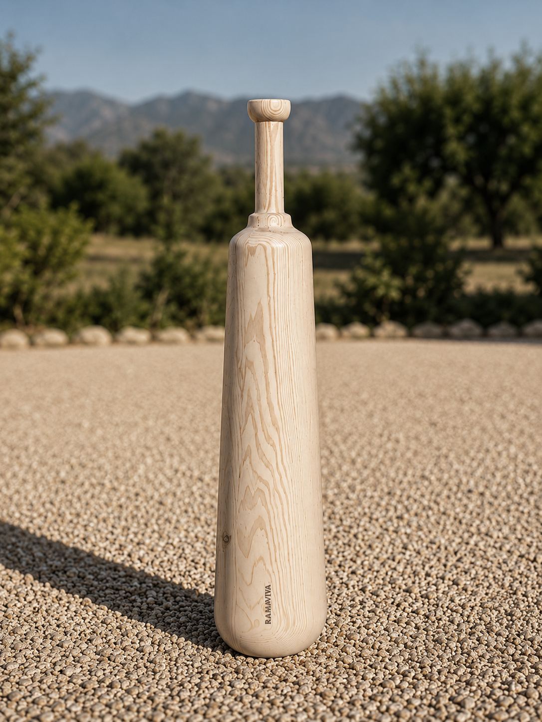 Maza Ramaviva de pino laminado de 2,5 kg sobre grava, con montañas al fondo